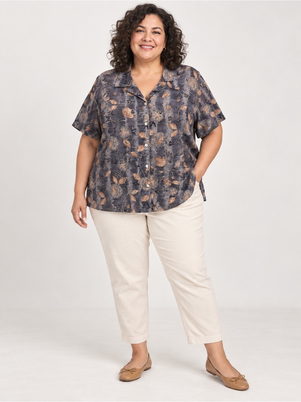 Bentley Plus Floral Rayon Button-Front Blouse Women’s 24W Gray Blue